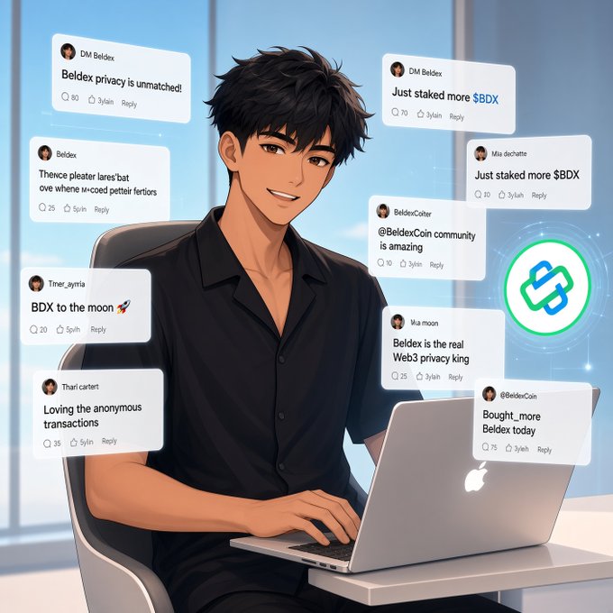 An anime-style illustration of a man at a laptop surrounded by positive social media comments praising Beldex and its $BDX cryptocurrency.