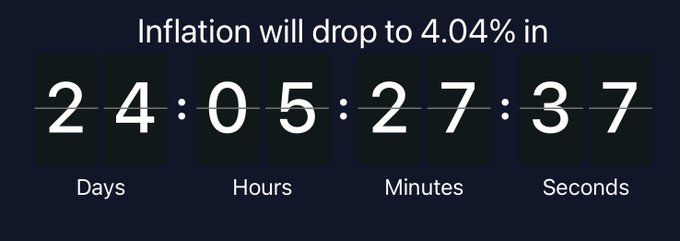 A countdown timer showing 24 days, 05 hours, 27 minutes, and 37 seconds with the text 'Inflation will drop to 4.04% in'.