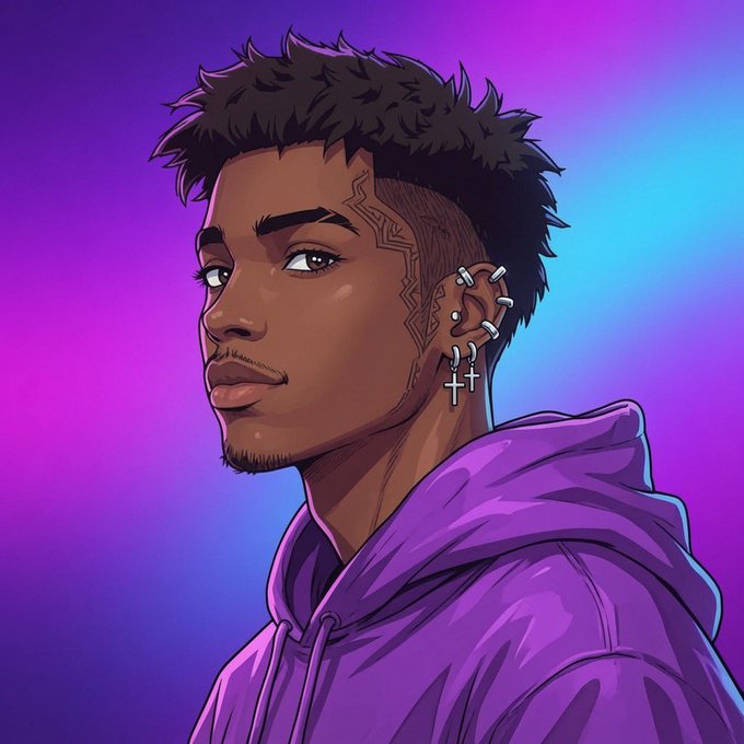 A digital illustration of a young man with short dark hair, a face tattoo, multiple ear piercings with cross earrings, and a purple hoodie against a purple-blue gradient background.