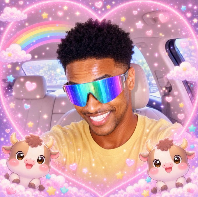 A selfie of a young man wearing iridescent rainbow sunglasses, framed by a heart-shaped border filled with cute cartoon cows, rainbows, clouds, and sparkles.