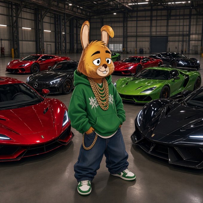An anthropomorphic rabbit character wearing a green hoodie, gold chains, and green sneakers stands in a warehouse surrounded by a collection of luxury sports cars including Ferraris, Lamborghinis, and a Mercedes-AMG.