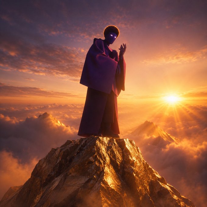 A mystical figure in a flowing purple robe stands atop a rocky mountain peak at sunset, with glowing purple eyes visible against the dramatic sky filled with clouds.