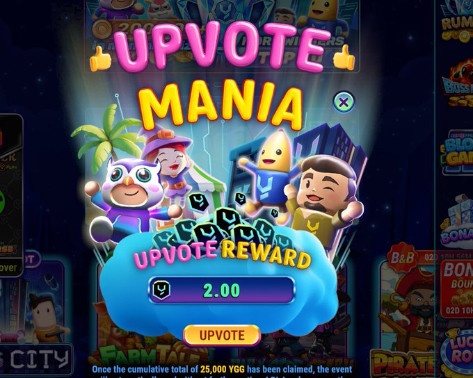 The image features a game screen with a blue background, displaying a sign that reads "Upvote Mania". The sign also includes a thumbs up symbol, indicating approval or support for the game. Below this, there are three cartoon characters - a monkey, a banana, and an elephant - who appear to be celebrating their victory in the game.

The post is about a rewards system called Upvote Mania, which encourages players to upvote content on social media platforms like Twitter, Instagram, or Facebook. The post suggests that if users want to earn tokens for playing the game, they should make sure to upvote at least once per week. This will help them accumulate enough tokens to access special features and benefits within the game.
