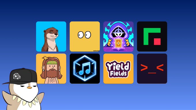 A promotional graphic featuring a grid of 8 crypto or NFT-themed icons (including a sloth, eyes, NFT letters, and 'Yield Fields') with a cartoon penguin character wearing a black cap in the bottom left corner, set against a blue background.