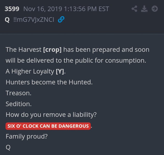 A screenshot of a cryptic QAnon post from November 16, 2019, featuring phrases like "The Harvest," "A Higher Loyalty [Y]," "Hunters become the Hunted," and a highlighted phrase "SIX O' CLOCK CAN BE DANGEROUS," with the identifier "3599" and code "!!mG7VJxZNCI."