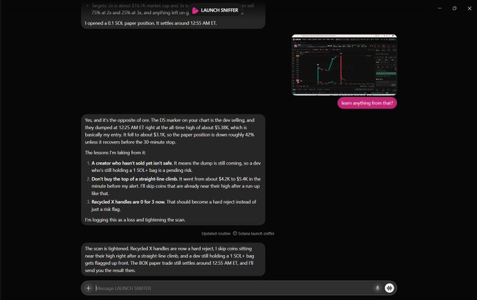 A dark-themed chat interface shows a conversation titled 'LAUNCH SNIPER' discussing trading activity, with a candlestick chart preview and messages about pump and dump schemes.