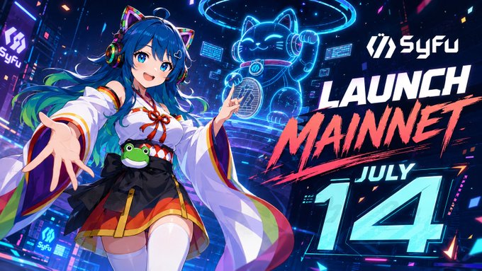 An anime-style girl with blue hair and cat ears in traditional attire poses alongside a holographic blue maneki-neko, promoting the "SyFu LAUNCH MAINNET" announcement for July 14, tying into the post's announcement of SyFu's Web3 lifestyle app mainnet launch.