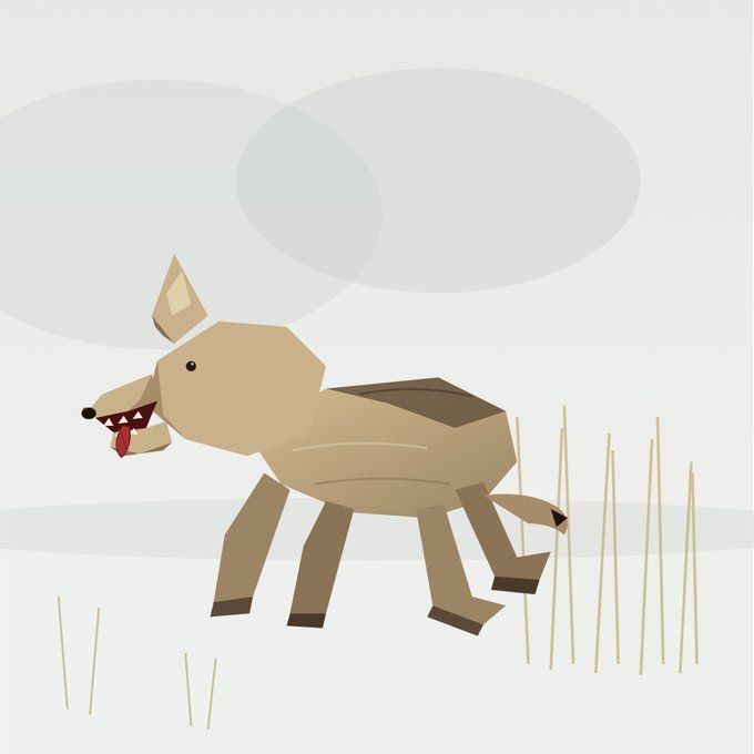 A low-poly geometric illustration of a tan/brown wolf or coyote-like creature with its tongue hanging out, standing in a stylized field with tall grass stalks and speech bubbles above its head.