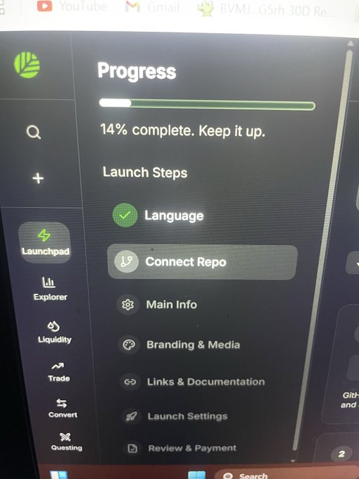 A screenshot of a 'Progress' screen showing '14% complete. Keep it up' with a 'Launch Steps' list including Language (checked), Connect Repo, Main Info, Branding & Media, Links & Documentation, Launch Settings, and Review & Payment.