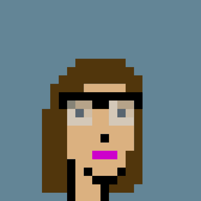 A pixel art portrait of a CryptoPunk character featuring a figure with brown hair, large black sunglasses, magenta lips, and a goatee, set against a blue background. The image corresponds to the referenced CryptoPunk #6618, as indicated by the accompanying post about its purchase.