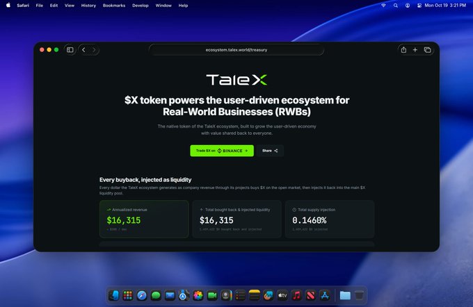 A Safari browser screenshot displaying the ecosystem.talex.world/treasury page for TaleX, featuring text '$X token powers the user-driven ecosystem for Real-World Businesses (RWBs)' with metrics showing $16,315 annual revenue and 0.1466% total supply injection, with a 'Zoom In on BINANCE' button visible.