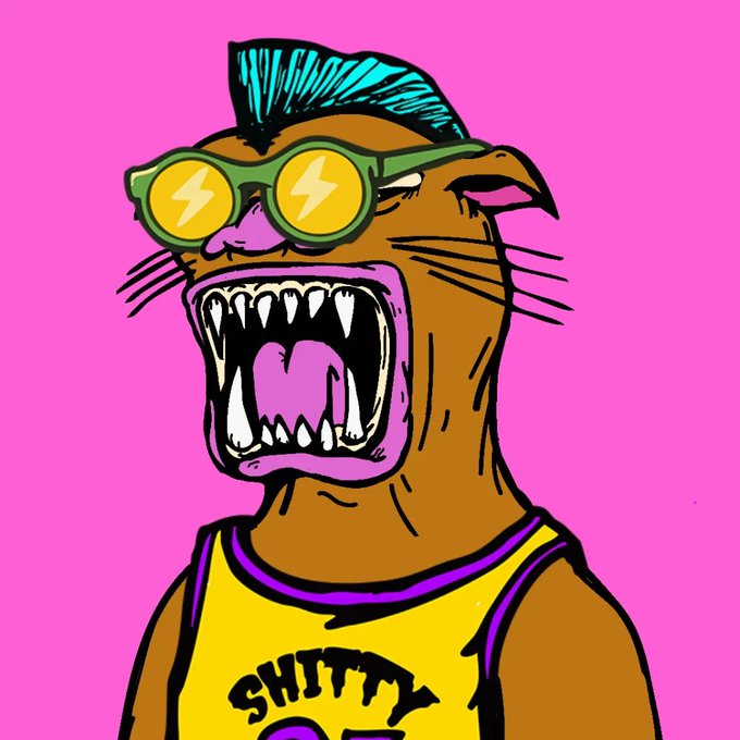 A vibrant cartoon illustration of an angry brown cat with a blue mohawk, yellow lightning bolt sunglasses, sharp fangs, and a yellow tank top reading 'SHITTY', set against a bright pink background.