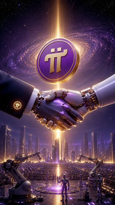 A futuristic sci-fi scene showing two robotic hands shaking in a handshake, with a glowing purple Pi Network coin floating above against a cosmic galaxy background with a futuristic city below.