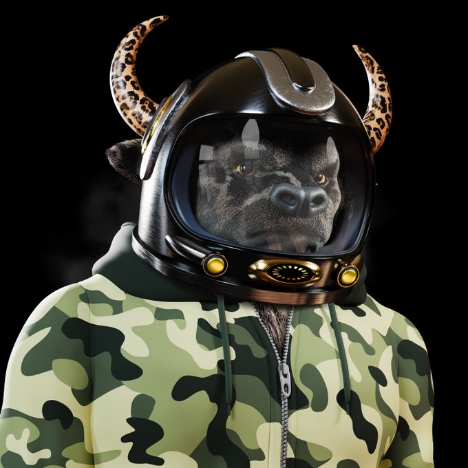 A digital artwork of a dog wearing a black astronaut helmet with leopard-print horns and a green camouflage hoodie.