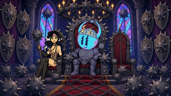 A cartoon illustration of a dark-haired woman holding a spiked mace sitting on a throne next to a character wearing a spiked helmet, surrounded by spiked balls and shields in a gothic hall.