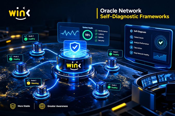 A tech-themed graphic displaying 'Oracle Network Self-Diagnostic Frameworks' with the 'wink' logo, showing a central hub with nodes labeled 'Node 1' through 'Node 5', and indicators for 'System Health 98%' and various diagnostic features.