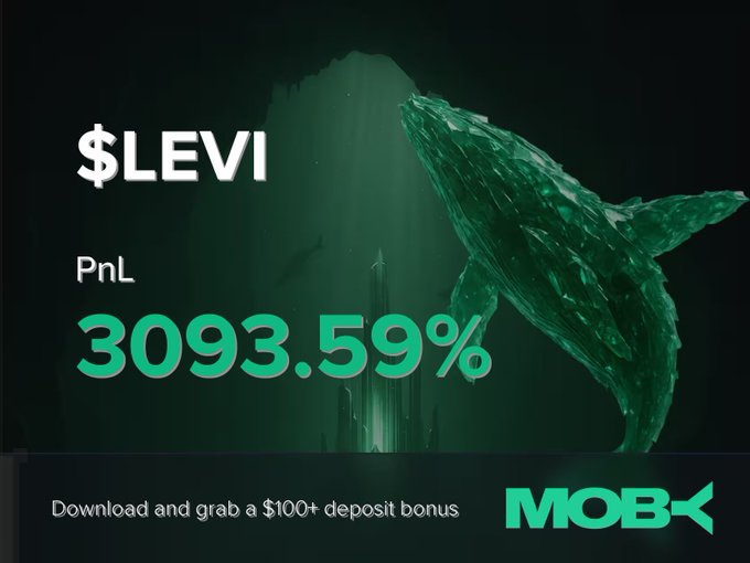 The image is a promotional graphic from Moby featuring a green whale and underwater imagery, displaying "$LEVI" with a PnL of "3093.59%" alongside text reading "Download and grab a $100+ deposit bonus," highlighting the trader's massive gain on the $LEVI position mentioned in the win alert.