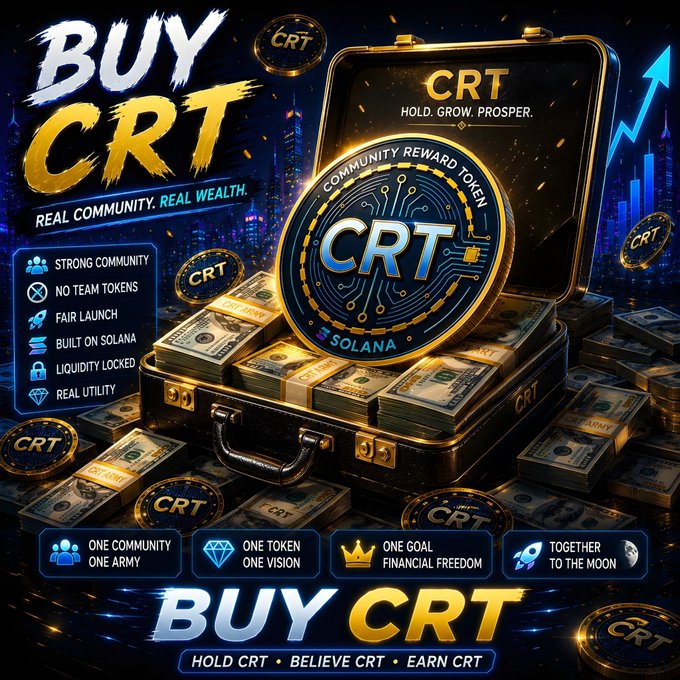 Promotional graphic for 'CRT' (Community Reward Token) on Solana, featuring slogans like 'BUY CRT', 'REAL COMMUNITY. REAL WEALTH.', 'HOLD. GROW. PROSPER.', and 'TOGETHER TO THE MOON' alongside imagery of coins and a briefcase of cash.