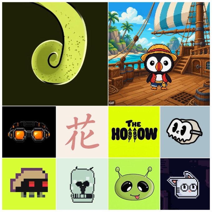 A collage of various cartoon and pixel-art icons including a spiral, a penguin pirate, orange goggles, a Chinese flower character, 'The Hollow' logo, a skull, a pixel character, a pixel skull, an alien, and a pixel coffee cup.