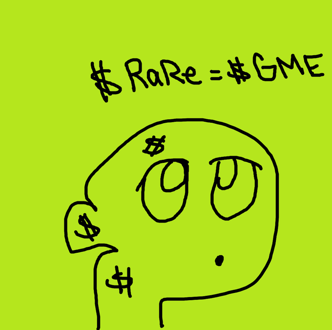 A crude digital drawing on a bright green background featuring a face covered in dollar signs, with the text '$RARE=$GME' written above.