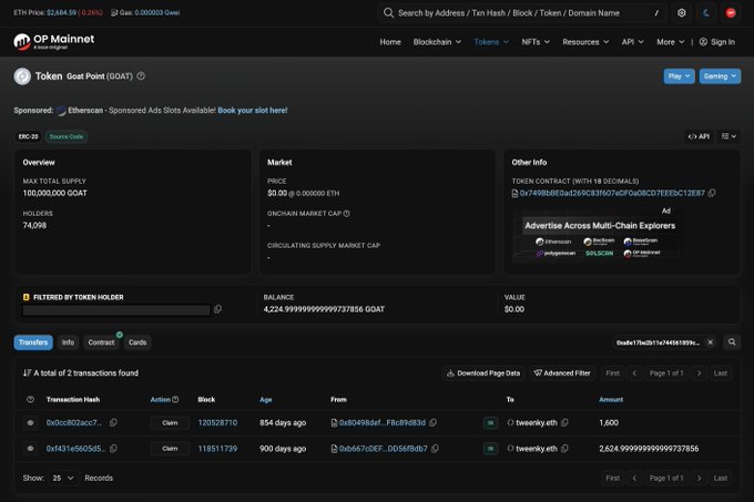 An Etherscan page on OP Mainnet showing token details for "Goat Point (GOAT)," including a total supply of 100,000,000 GOAT, 74,098 holders, and a price of $0.00.