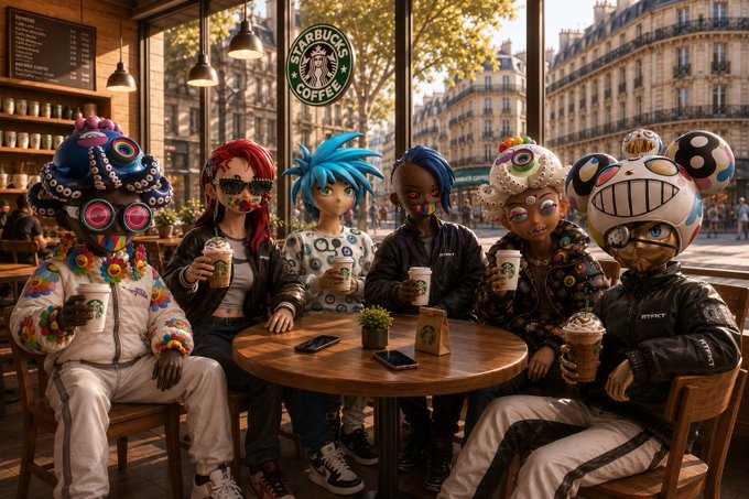 A group of six anime-style characters in colorful, eccentric outfits and masks sit around a wooden table at a Starbucks, holding coffee drinks in a Parisian setting.