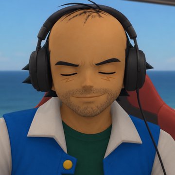 A 3D-rendered bald man with headphones, eyes closed in apparent bliss, wears a blue and white vest over a green shirt while sitting by the ocean—capturing the chill, satisfied energy of hitting the cash sponsors and AI gains mentioned in the post.