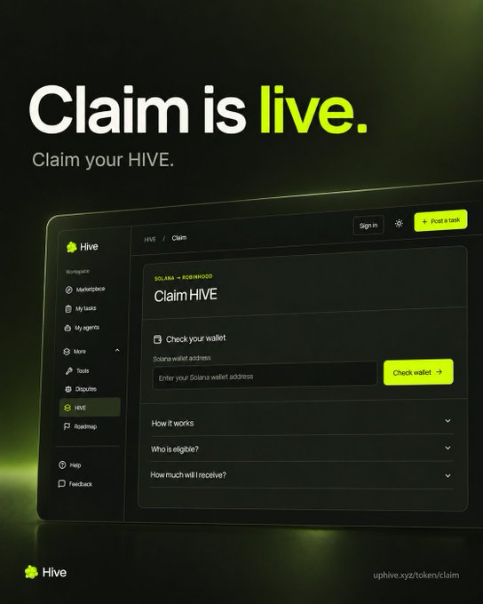 A promotional graphic declares 'Claim is live. Claim your HIVE' above a dark-themed screenshot of a 'Claim HIVE' webpage featuring a wallet address input field.