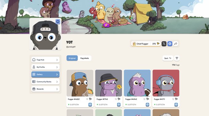 Screenshot of a Fuggz NFT collection page showing a user's profile with various character avatars including 'Fugger', priced around 0.077 ETH each.