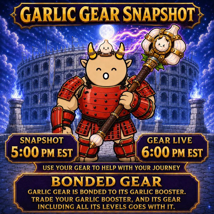 A promotional graphic for 'Garlic Gear Snapshot' featuring a garlic-themed samurai character holding a garlic staff, set against a Colosseum background. Text indicates 'SNAPSHOT 5:00 PM EST' and 'GEAR LIVE 6:00 PM EST', with 'BONDED GEAR' explained at the bottom.