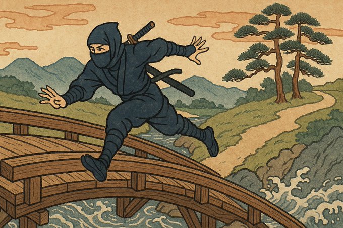 The image features a man dressed as a ninja, running across a bridge while holding a sword. The background of the image shows mountains and trees, creating an adventurous atmosphere. The caption above the image reads "用 @TermMaxFi 一段时间， 我才发现这个协议在平仓上真的花了不少心思。". The post seems to be a creative and humorous take on the concept of time travel, with the ninja character appearing to be in motion across different periods.

The image is accompanied by a watermark that reads "TermMax Fi" at the bottom right corner. This suggests that the post may have been created or edited by TermMax Fi, possibly as part of an online community or social media platform dedicated to time travel-themed content.