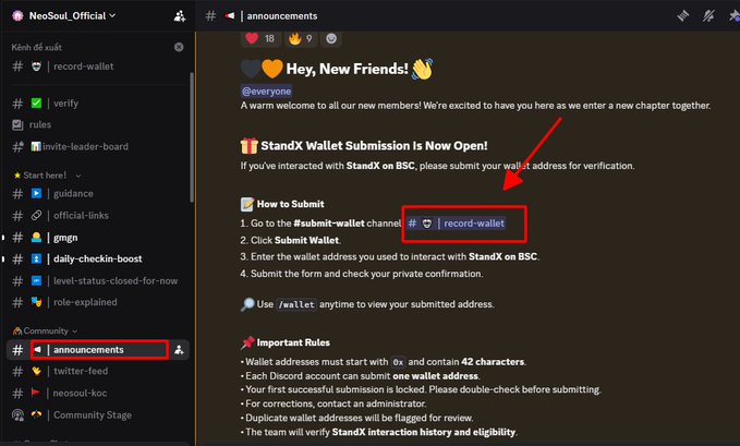 A Discord-style NeoSoul_Official server announcement screen for “StandX Wallet Submission Is Now Open!,” with instructions to open the “#submit-wallet” channel and use “/record-wallet,” plus wallet-submission rules.