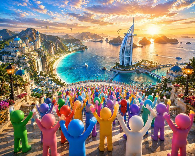 A colorful, stylized illustration depicts a crowd of cartoonish figures with raised arms overlooking a tropical bay featuring the Burj Al Arab hotel at sunset.