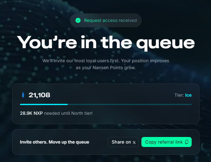 A Nansen dashboard shows a user has joined the waitlist with "Request access received" at the top, displaying "You're in the queue" with 21,108 NXP points at the Ice tier, needing 28.9K NXP to reach the North tier. The image relates to the post about Nansen's launch of an Autonomous Trading Agent and its early registration process.