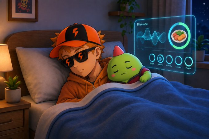 An anime-style illustration shows a young character in an orange cap and lightning-bolt sunglasses sleeping in bed next to a small green creature, while a holographic display shows a "Biseotide" meal and biometric readings.