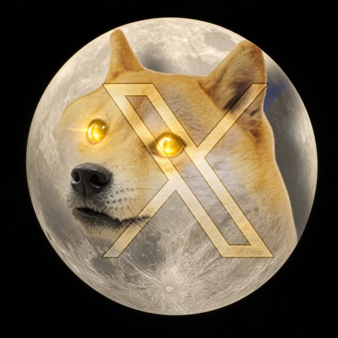 A digital artwork featuring a Shiba Inu dog's face with glowing yellow eyes superimposed over a full moon, with a large gold geometric 'X' symbol overlaid on top.