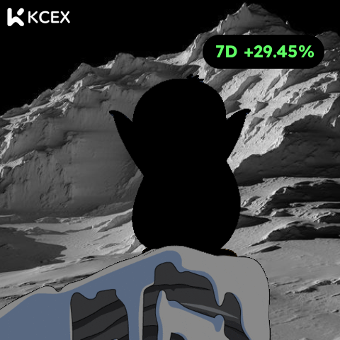 An AI-generated image showing a silhouetted figure with pointed ears wearing a blue and gray hoodie against a grayscale mountain landscape, with 'KCEX' logo and a '7D +29.45%' badge in the corner.