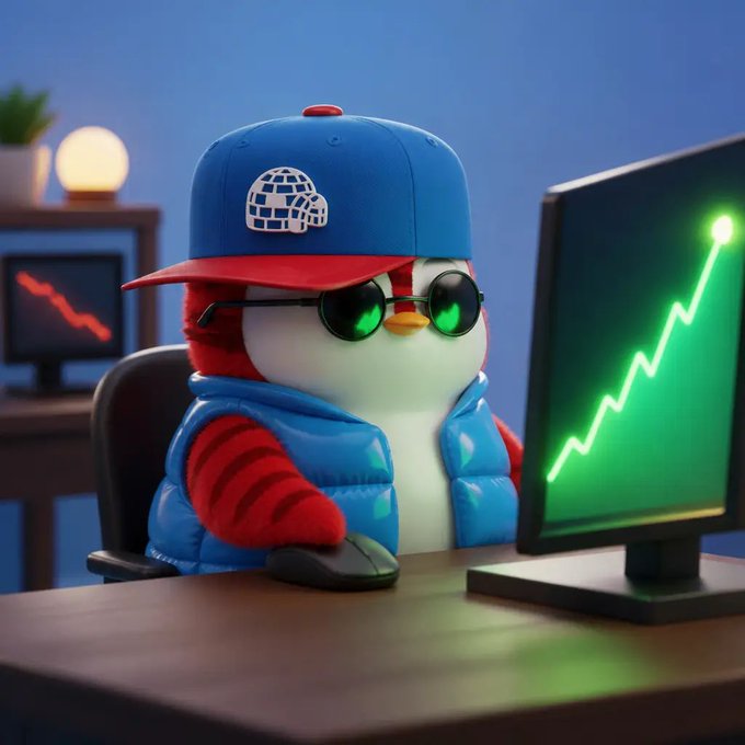 A 3D-rendered plush penguin character wearing a blue cap and sunglasses, sitting at a desk using a computer mouse while looking at a monitor displaying a green upward-trending chart.