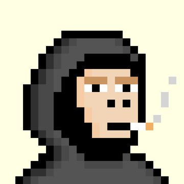 A pixel art illustration of a person wearing a dark hooded sweatshirt, smoking a cigarette, with smoke particles visible around their face.