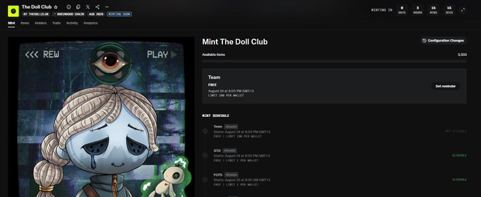 A screenshot of the Opensea NFT marketplace showing the 'Mint The Doll Club' collection page, featuring a digital artwork of a character with a large eye on its head.