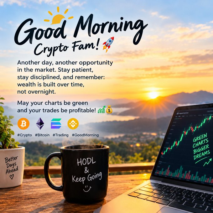 Motivational 'Good Morning Crypto Fam!' graphic featuring a sunrise, a 'HODL & Keep Going' coffee mug, a laptop showing green charts with 'GREEN CHARTS BIGGER DREAMS', and hashtags #Crypto #Bitcoin #Trading #GoodMorning.