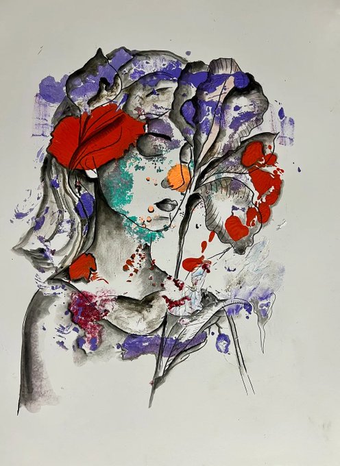 A mixed-media portrait of a woman with flowing hair, rendered in grayscale with vibrant splashes of red, purple, and teal paint.