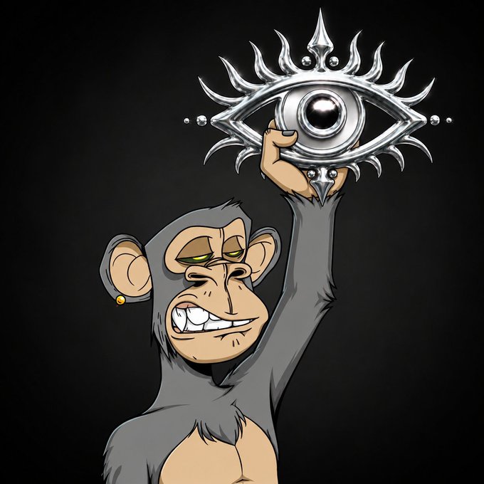 A cartoon monkey with a gold earring triumphantly holds up a chrome silver eye emblem against a black background, visually representing the NTRPY generative NFT collection mascot on Robinhood Chain. The illustrated primate embodies the rebellious, monkey-themed branding of the free mint project.