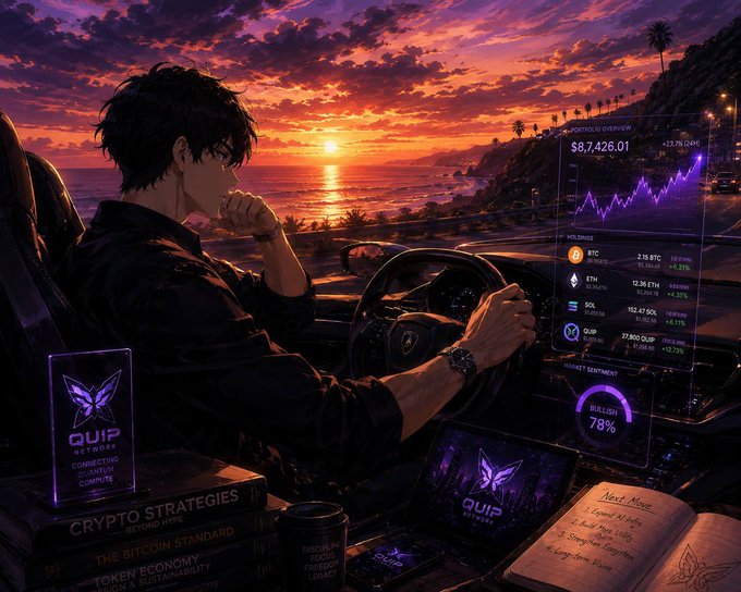 The image features a man sitting inside a car, driving at sunset with a laptop computer placed next to him. The scene also includes several books scattered around the car, suggesting that the man might be working on a project or studying while traveling. The presence of the laptop and books indicates that he is likely engaged in some form of research or work related to technology or computing.