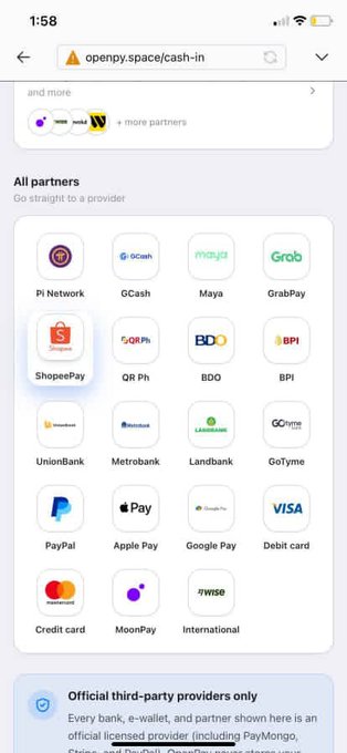 A mobile screenshot of openny.space/cash-in showing a grid of payment partners including Pi Network, GCash, Maya, GrabPay, ShopeePay, QR Ph, BDO, BPI, UnionBank, Metrobank, Landbank, GoTyme, PayPal, Apple Pay, Google Pay, Visa, Mastercard, MoonPay, and Wise, under a note "Official third-party providers only."