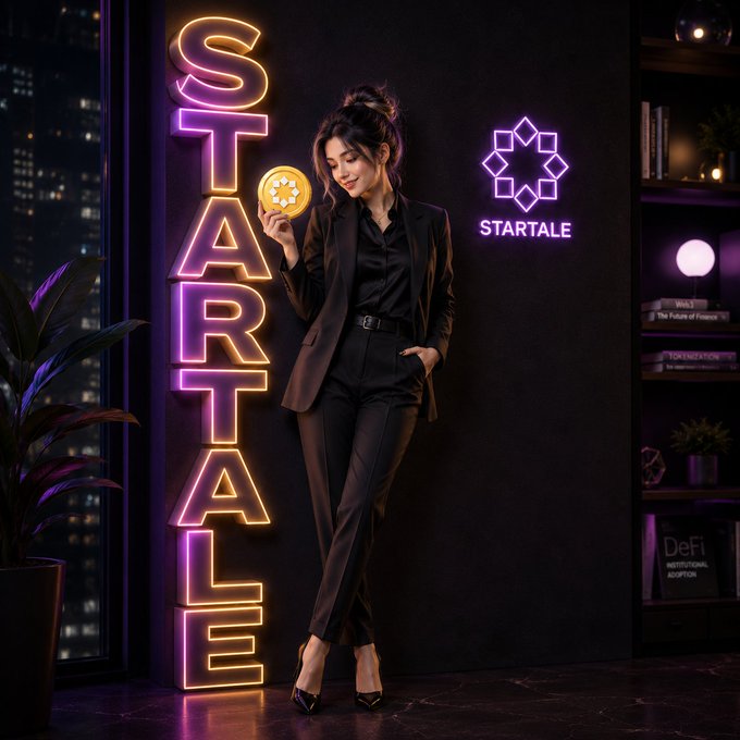 A woman in a black blazer and pants poses in a neon-lit setting, holding a gold coin next to a glowing vertical 'STARTALE' neon sign, with a 'STARTALE' logo and star emblem on the wall behind her.