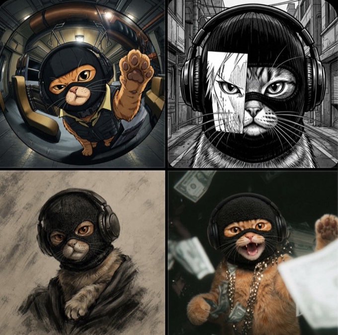 A four-panel illustration showing cats dressed in ninja or tactical gear wearing headphones and masks, depicted in various action scenes with money.