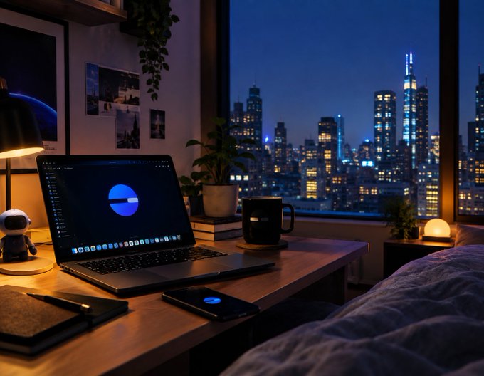 A cozy nighttime workspace setup featuring a laptop with a blue circular design on screen, a black coffee mug, and a smartphone, all positioned on a desk overlooking a glittering city skyline.