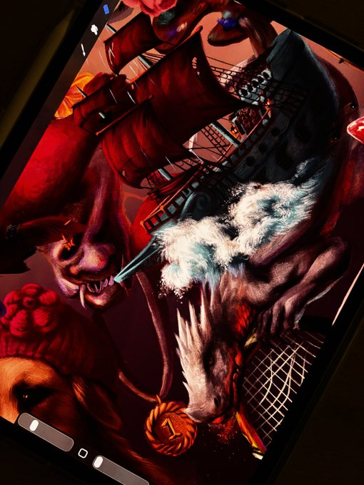 A photograph of a tablet displaying a vivid, dark fantasy digital painting featuring demonic creatures, a battleship, and a chicken.