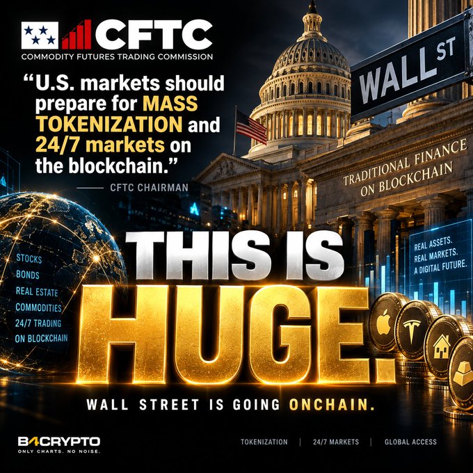 A promotional graphic by B4Crypto featuring the CFTC logo, U.S. Capitol building, and Wall Street sign with a quote about mass tokenization and 24/7 blockchain markets, with bold text 'THIS IS HUGE. WALL STREET IS GOING ONCHAIN.'